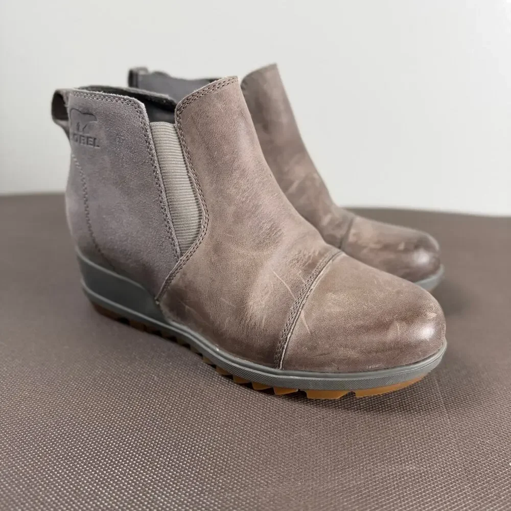 Sorel Women's Evie Bootie Waterproof Gray Suede Leather Wedge Ankle Boot Sz 7